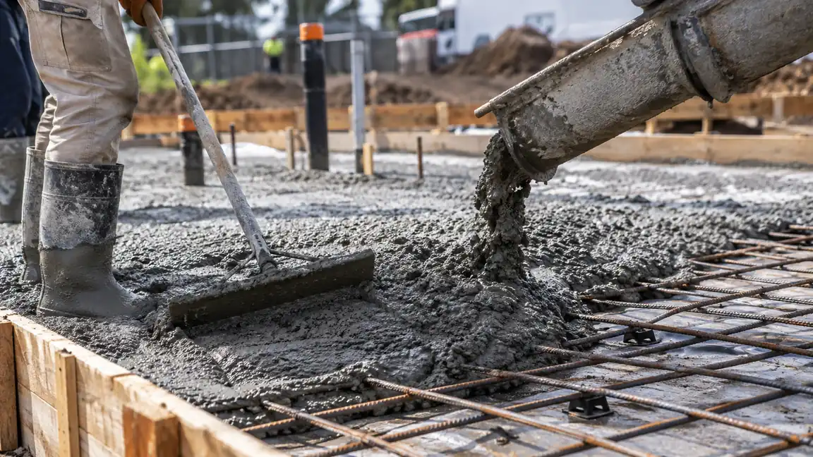Concrete Slab Cost Guide 2026 | Cost Per Square Foot 3 Fresh concrete being poured over steel rebar reinforcement inside slab formwork