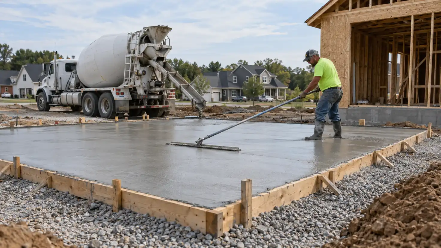 Concrete Slab Cost Guide 2026 | Cost Per Square Foot 2 Concrete worker finishing a newly poured residential slab with a ready mix truck on site