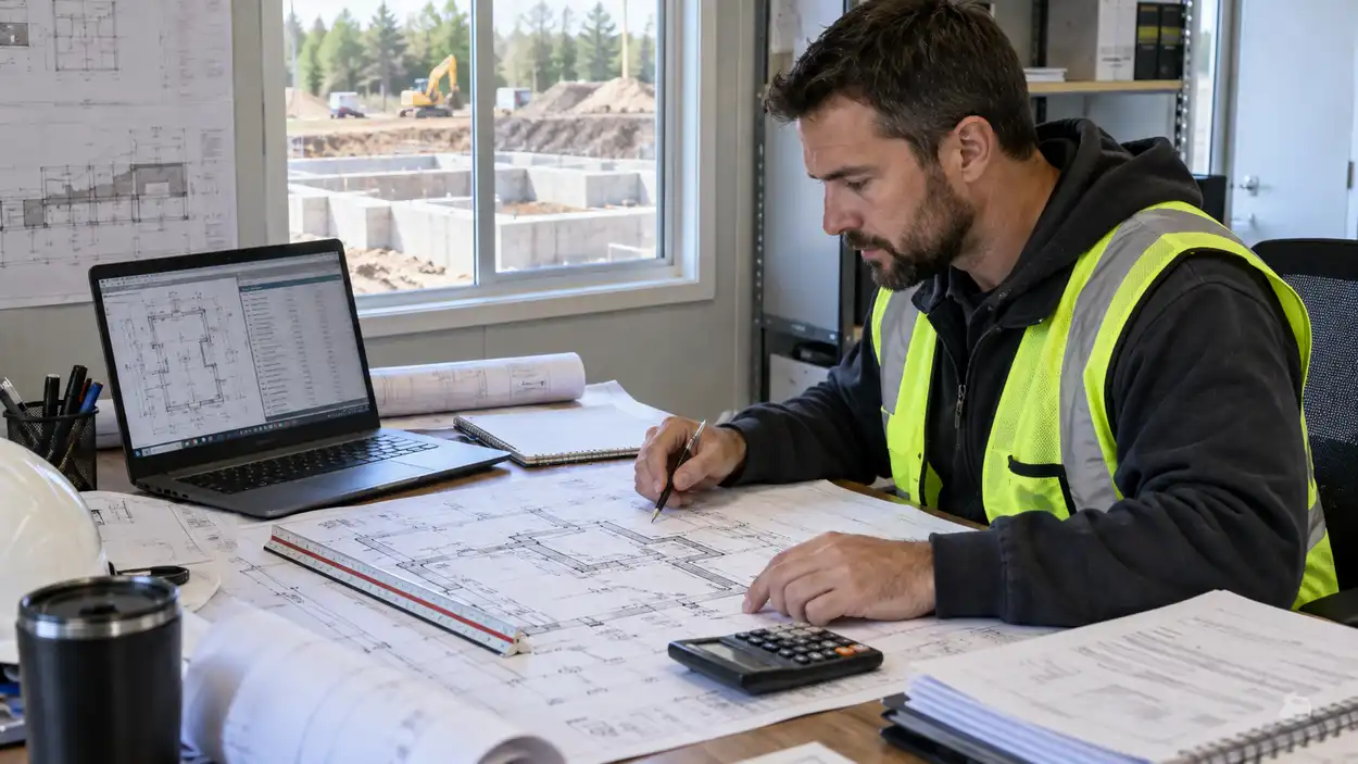 Foundation Cost Per Square Foot: 2026 Price Guide 4 Construction estimator reviewing foundation drawings and project quantities