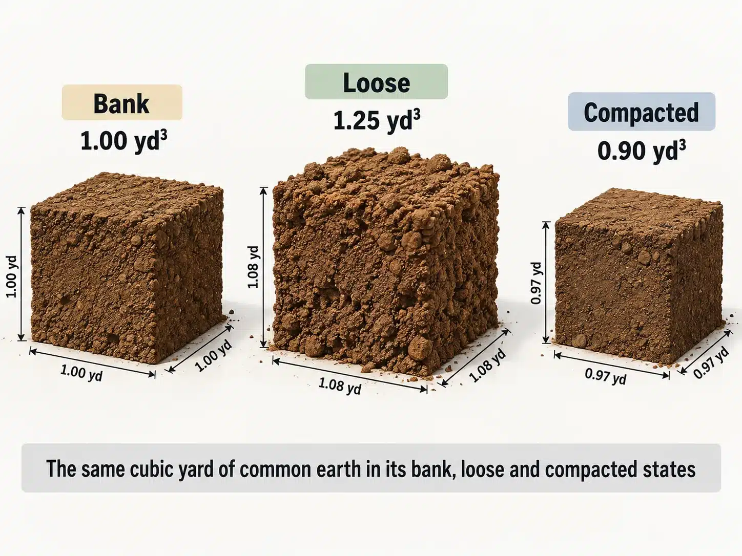 How to Calculate Cubic Yards for Concrete 3 Bank, loose, and compacted common earth volume comparison.