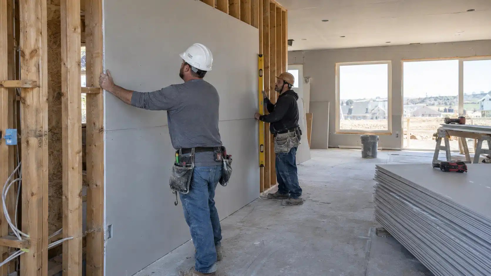 Drywall Installation Cost in 2026 | Cost Per Square Foot 2 Drywall installers hanging gypsum board on an interior wall