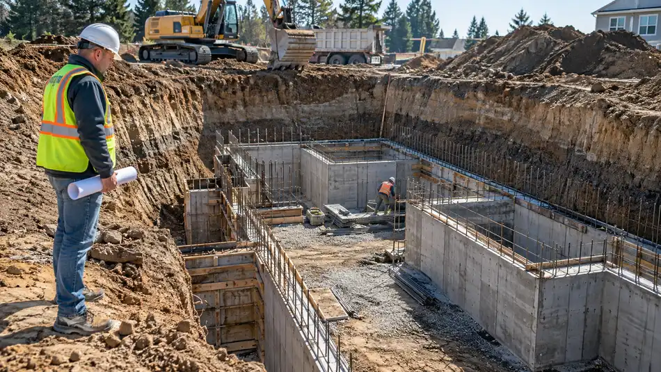 Foundation Cost Per Square Foot: 2026 Price Guide 3 Foundation excavation with reinforced concrete walls and construction equipment