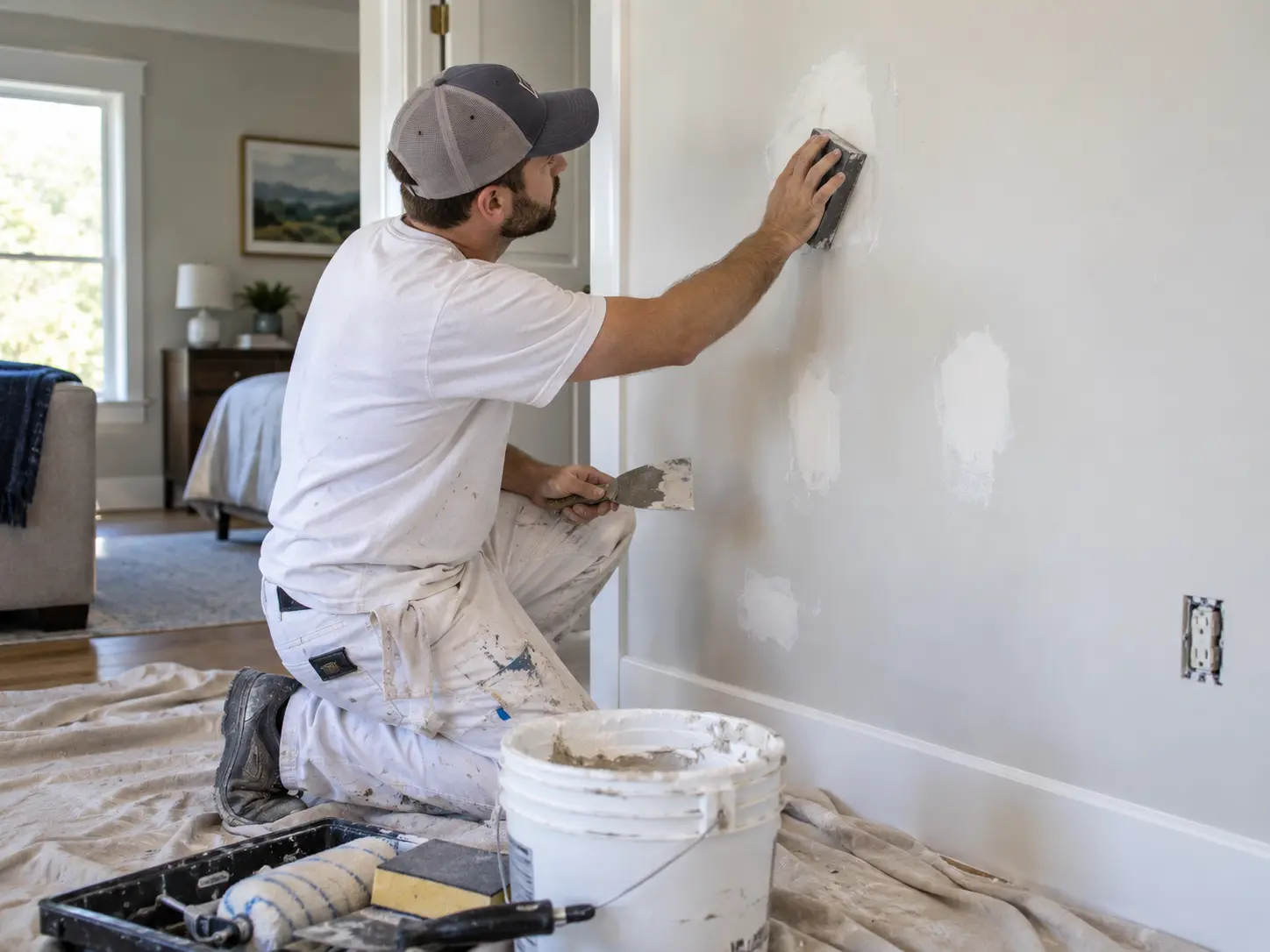 Interior House Painting Cost in 2026: Full Price Breakdown 3 Painter preparing interior walls with drywall repair and surface preparation before applying paint
