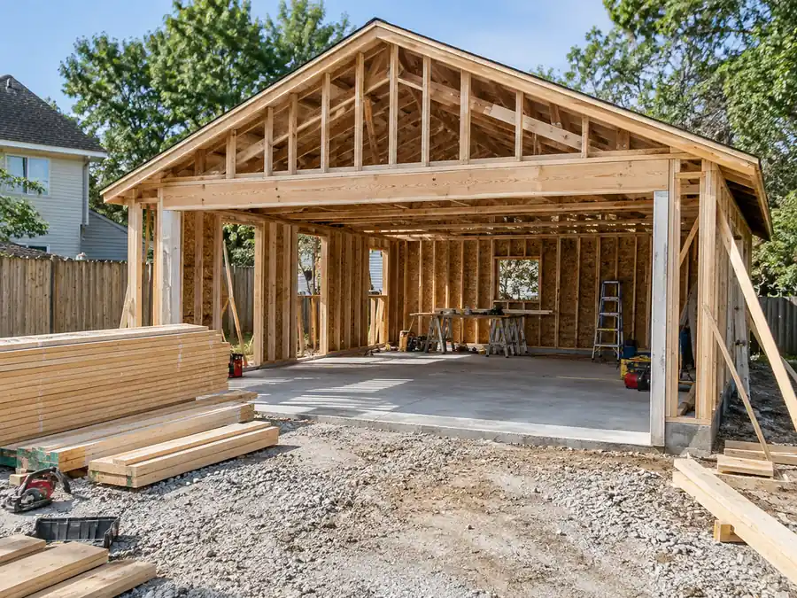 Cost to Build a 2 Car Garage in 2026: Full Price Breakdown 3 Two-car garage under construction with wall framing and roof structure in place