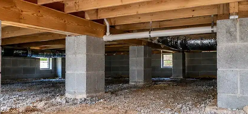 Slab vs Crawl Space: Cost and Construction in 2026 3 Raised crawl space foundation with concrete block support piers and wooden floor framing
Copy alt text